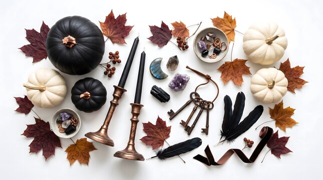 A flat lay composition of mystical Halloween decor featuring black and white pumpkins