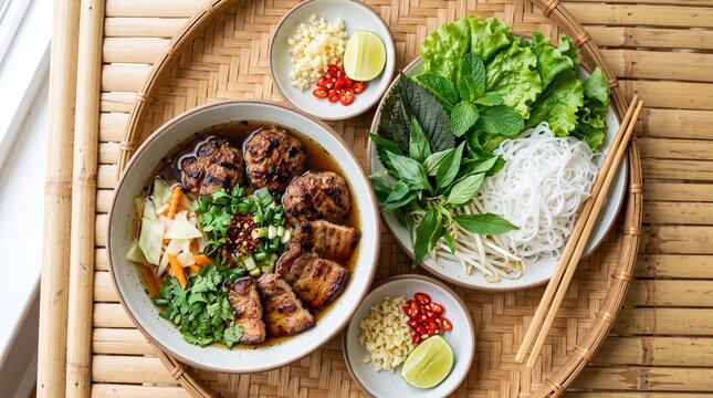 Vietnamese Bun Cha Hanoi Grilled Pork with Rice Vermicelli Noodles and Herbs