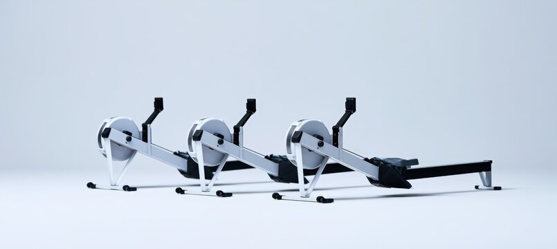 Three rowing machines set at different adjustments in modern fitness studio