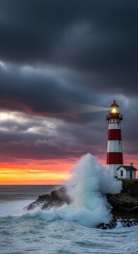 A sturdy lighthouse stands resilient against powerful crashing ocean waves under a dark, stormy sky during a dramatic coastal sunset, water, waves, outdoor