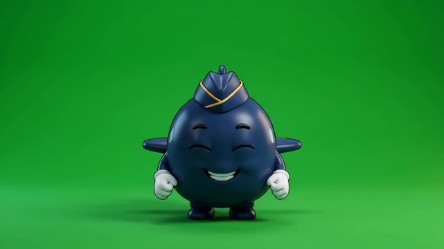 Cute cartoon character with pilot hat and wings, smiling on a green screen background.