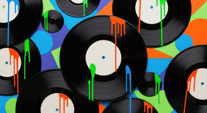 A vibrant artistic collage featuring multiple black vintage vinyl records layered over a background of geometric shapes and vivid paint drips, saturated, modern, texture