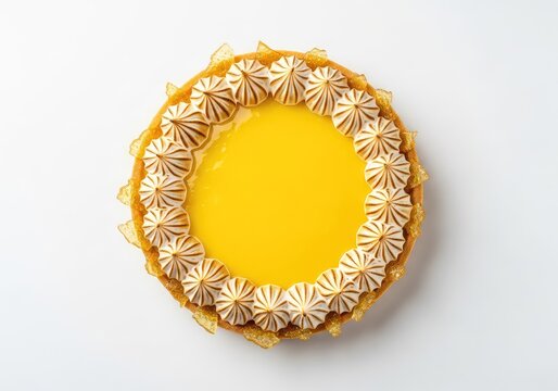 A vibrant lemon tart features a glossy citrus curd, topped with toasted meringue swirls and crystalline sugar for a bold, flashy texture, homemade, yellow, culinary