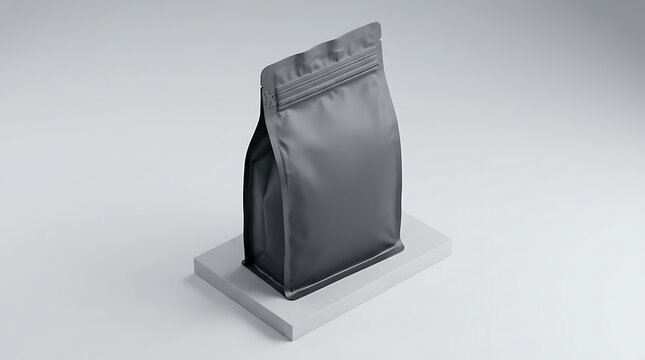 Black blank coffee bag pouch mock up standing on a small platform for branding design and product packaging display