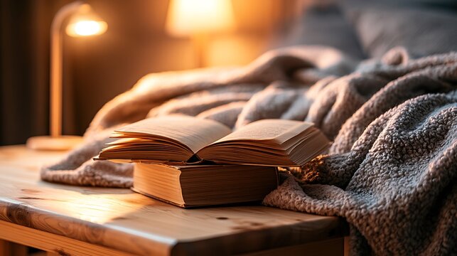 Cozy bedroom reading nook with book and soft lighting