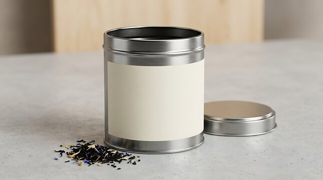 Metal tea tin container with a blank label standing on a grey stone table with a pile of loose dry tea leaves nearby
