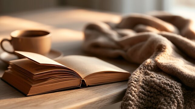 Cozy morning with book and cup of coffee