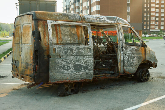 Burned Out Delivery Van Side Panel Destroyed by Severe Fire