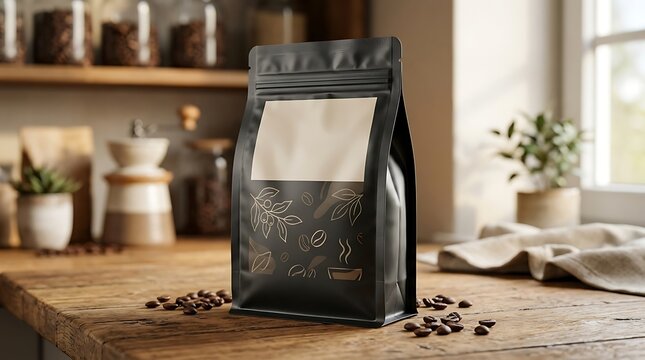 Black coffee bean bag packaging standing on a wooden kitchen table with scattered roasted coffee beans in the morning
