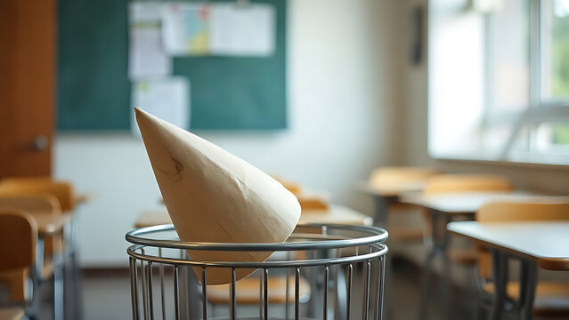 A worn paper dunce cap discarded on a metal wastebasket in an empty classroom.