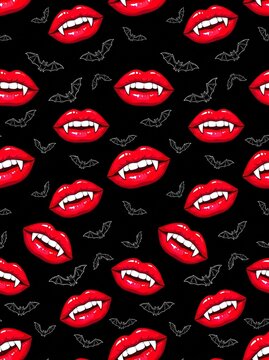 Seamless pattern of vibrant red vampire lips with white fangs against a dark background with bats
