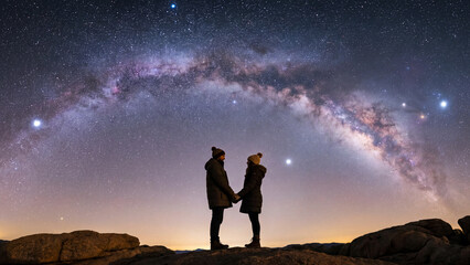 Fototapeta premium Silhouette of romantic couple holding hands under glowing milky way starry sky for Qixi Tanabata love festival and celestial celebration background