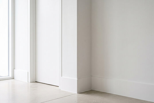 Wall corner junction detail in minimalist white interior