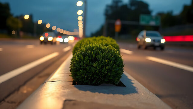 Close-up of a reflective road stud on a highway median during blue hour, with blurred light trails.