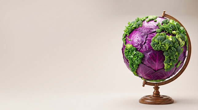 Hyperrealistic Earth globe crafted entirely from fresh vibrant vegetables on an elegant wooden stand, World Vegetarian Day concept against a premium smooth light beige background with copy space