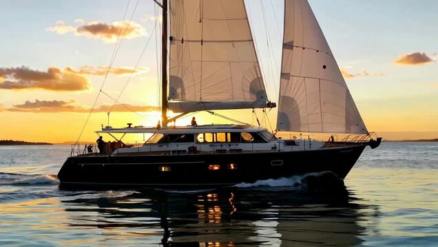 A large sailboat with its sails up glides across calm water during a beautiful golden sunset, reflecting the sky's warm hues.