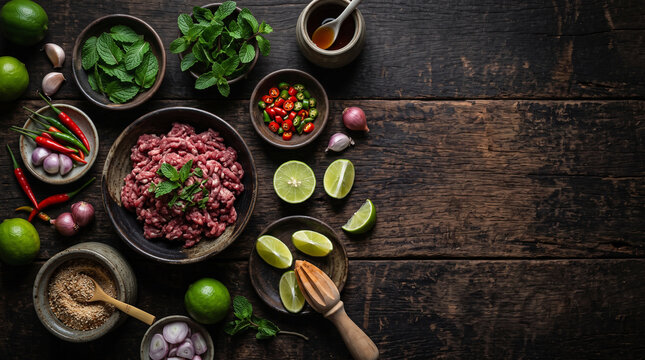Top down view of traditional Asian spicy meat salad ingredients on dark wood with copy space