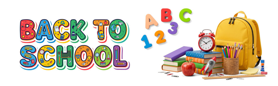 Back to School Banner with Yellow Backpack, Books, and ABC Letters on White
