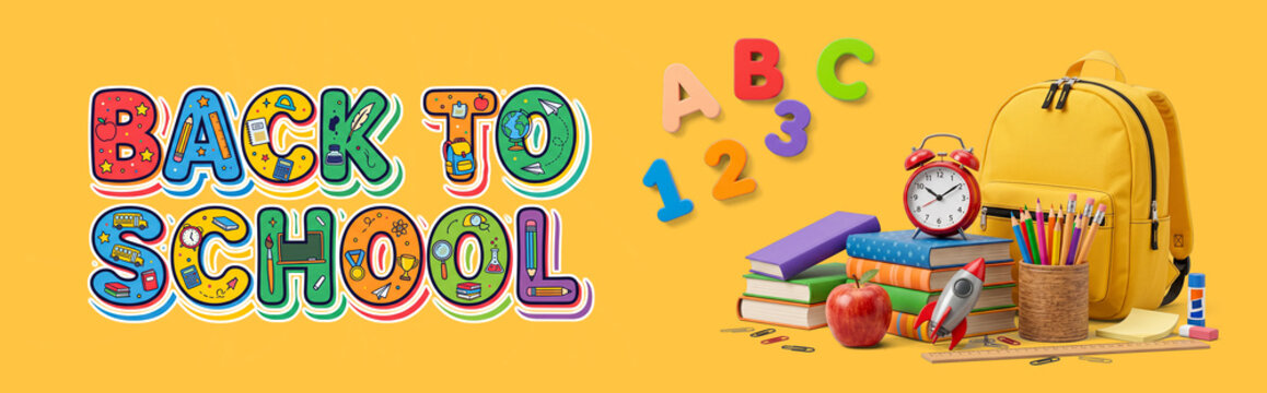Back to School Yellow Banner with Backpack, Books, and ABC Letters
