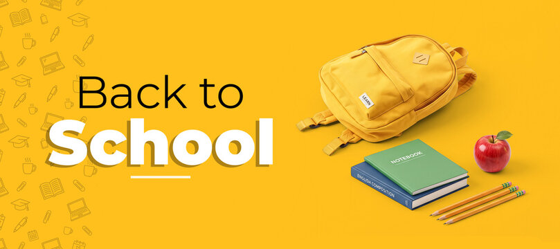Back to School Yellow Banner with Backpack, Notebooks, and Apple