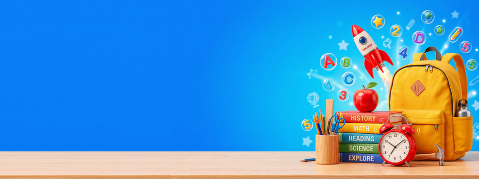 Back to School Banner with Rocket, Yellow Backpack, and Copy Space on Blue