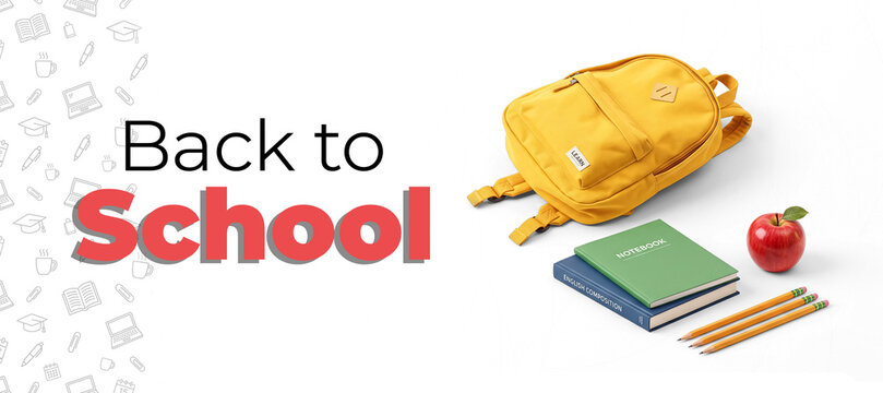 Back to School Banner with Backpack, Notebooks, and Apple on White Background