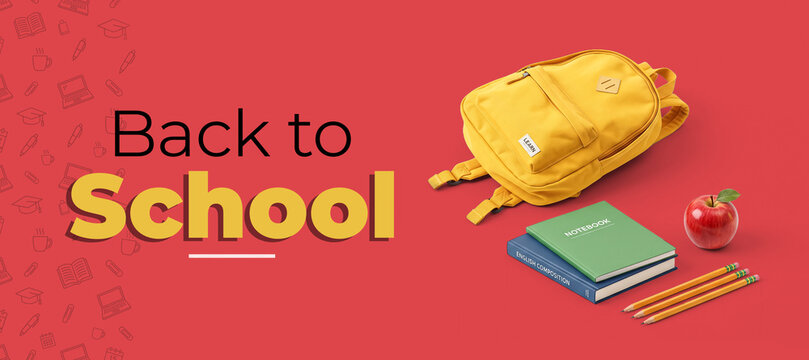 SEO-Optimized Title: Back to School Banner with Backpack, Notebooks, Apple, and Copy Space on Red Background
