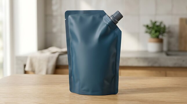 Dark blue liquid pouch with a screw cap standing on a wooden table in a bright home kitchen for product packaging design