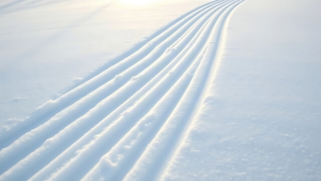 Curved ski tips creating parallel tracks in fresh snow, morning light shadows.