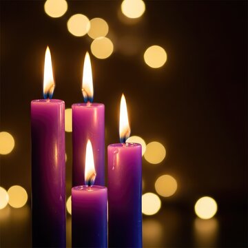 Elegant purple candles burn with a bright golden flame against a background of soft bokeh lights, creating a festive seasonal atmosphere, still life, glowing, graphic