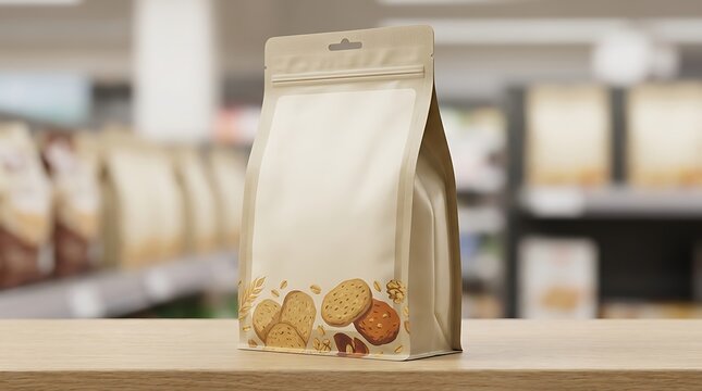 Blank paper snack bag with cookie print on the front standing on a wooden shelf in a blurry grocery store aisle background