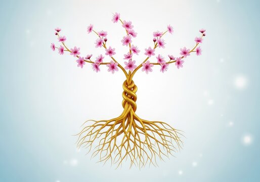 Elegante intreccio di radici dorate che formano una struttura neurale, rami fioriti simboleggiano la crescita profonda della saggezza pura, silver, gold, floral