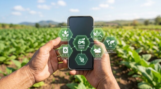 Hands holding smartphone in a lush green field