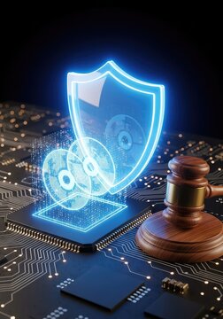 Glowing blue shield protecting sensitive digital records next to a legal gavel on a dark circuit board representing law and digital safety, legal, protocol, system