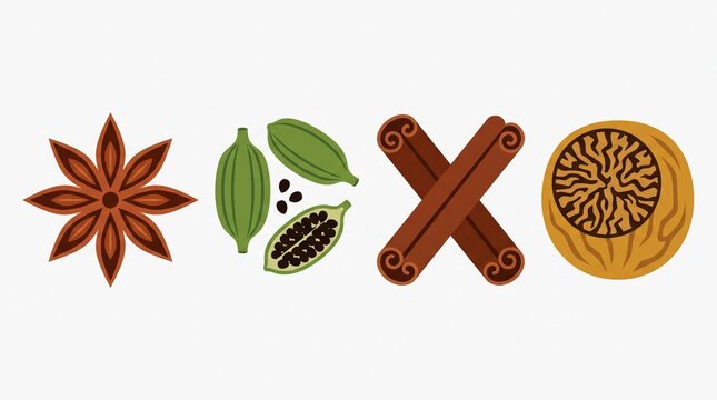 Aromatic spice collection illustration, featuring star anise, green cardamom pods, cinnamon sticks, and nutmeg, isolated on a clean white background, perfect for food and beverage designs