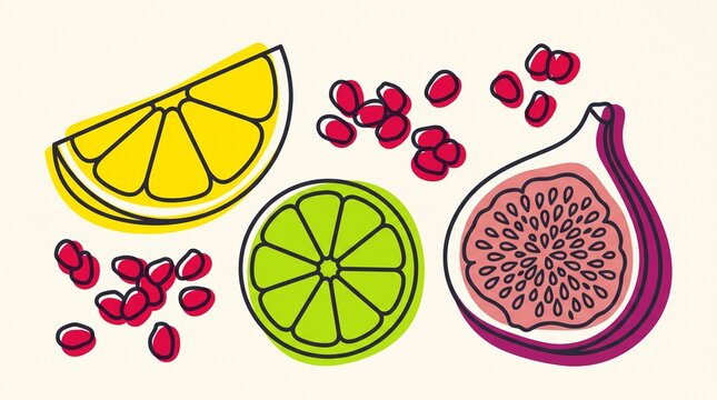 Minimalist fruit illustration, featuring a lemon slice, lime slice, fig, and pomegranate seeds with colorful watercolor texture, isolated on a light background for healthy eating concepts