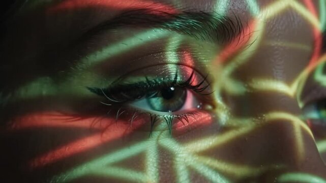 Human eye closeup with glowing electric iris and patterns.