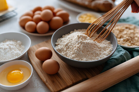Baking with eggs and flour at a kitchen table