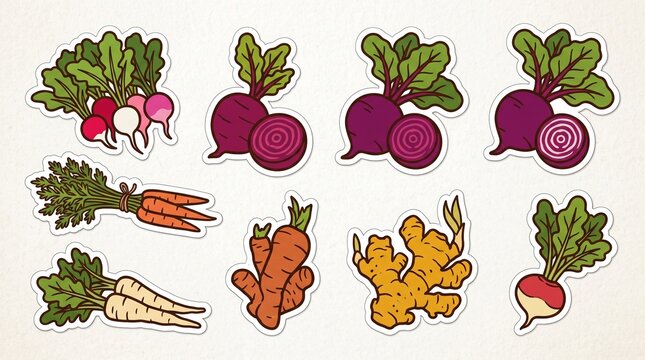 Fresh root vegetables sticker set, vibrant hand-drawn illustration, white background, healthy food, organic produce, cooking ingredients