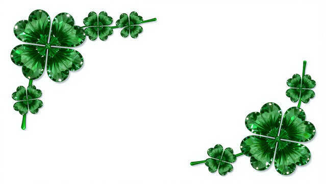 Emerald Green Transparent Crystal Four Leaf Clover Diagonal Corner Frame Top Left and Bottom Right, 4K, Copy space on the center
