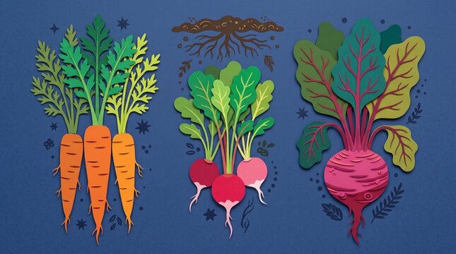 Paper cut style root vegetables illustration, vibrant orange carrots, red radishes, and purple beetroot with green leaves, on a deep blue background, ideal for healthy eating concepts