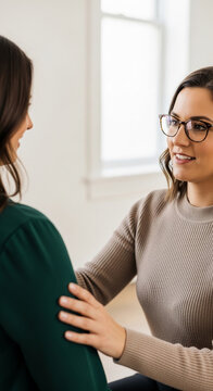Two women in conversation, one with a hand gently on the other's shoulder, symbolizing support, empathy, and connection, perfect for wellness or therapy concepts