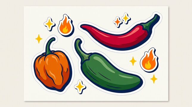 Vibrant chili pepper sticker set, featuring red, green, and orange peppers with flame and sparkle accents, isolated on a clean white background, ideal for food-related designs
