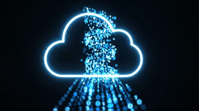 Glowing Neon Cloud Computing Icon with Binary Code Data Stream Animation on Dark Background