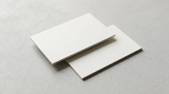 Two blank white business cards stacked on a light grey concrete surface for branding and corporate identity mockups