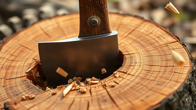 A sharp axe head buried in a split log with visible wood grain and flying wood chips.