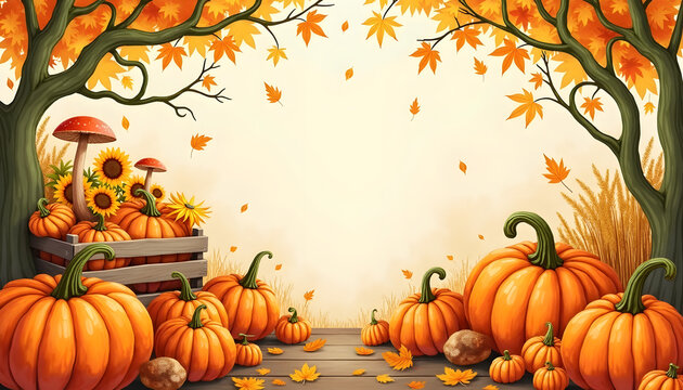 Autumn Pumpkin Background with Mushrooms, Sunflowers on Wooden Floor