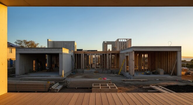 Modern residential construction site seen from a wooden terrace at golden hour, highlighting structural progress and future home development, orange sky, suburban, project
