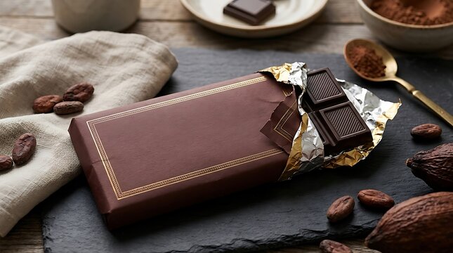 Dark chocolate bar in a foil wrapper on a dark stone table with cocoa beans and a spoon filled with melted chocolate