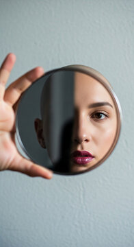 Close-up of a woman's face reflected in a hand-held mirror, symbolizing self-reflection, identity, and introspection, with a hint of mystery.